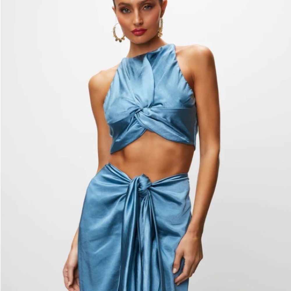 VICI Collection | Elenora Satin Front Wrap Midi Skirt & Front Twist Crop Tank